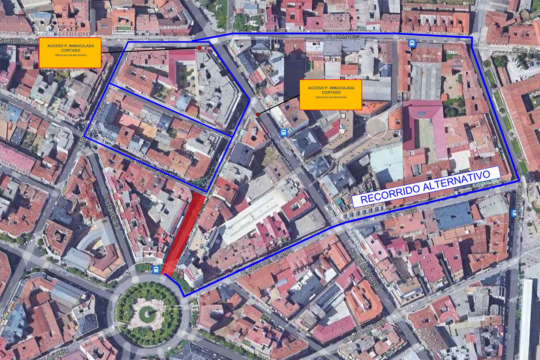 Durante la Fase 1 de las obras el desvío del tráfico de la calle Ramiro Valbuena será el mostrado en la imagen