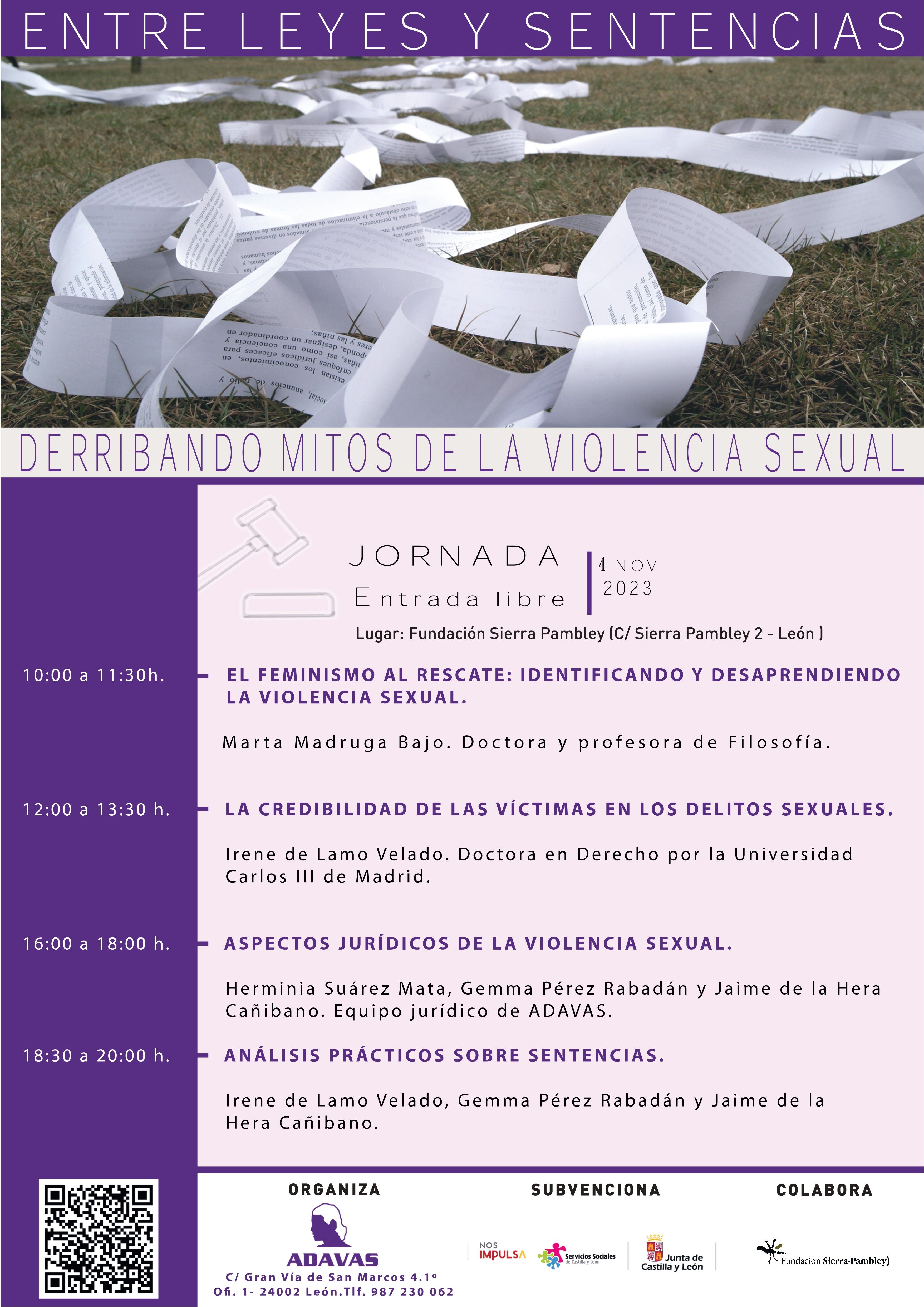 Cartel de la jornada ‘Entre leyes y sentencias: Derribando mitos de la violencia sexual’ organizada por Adavas León