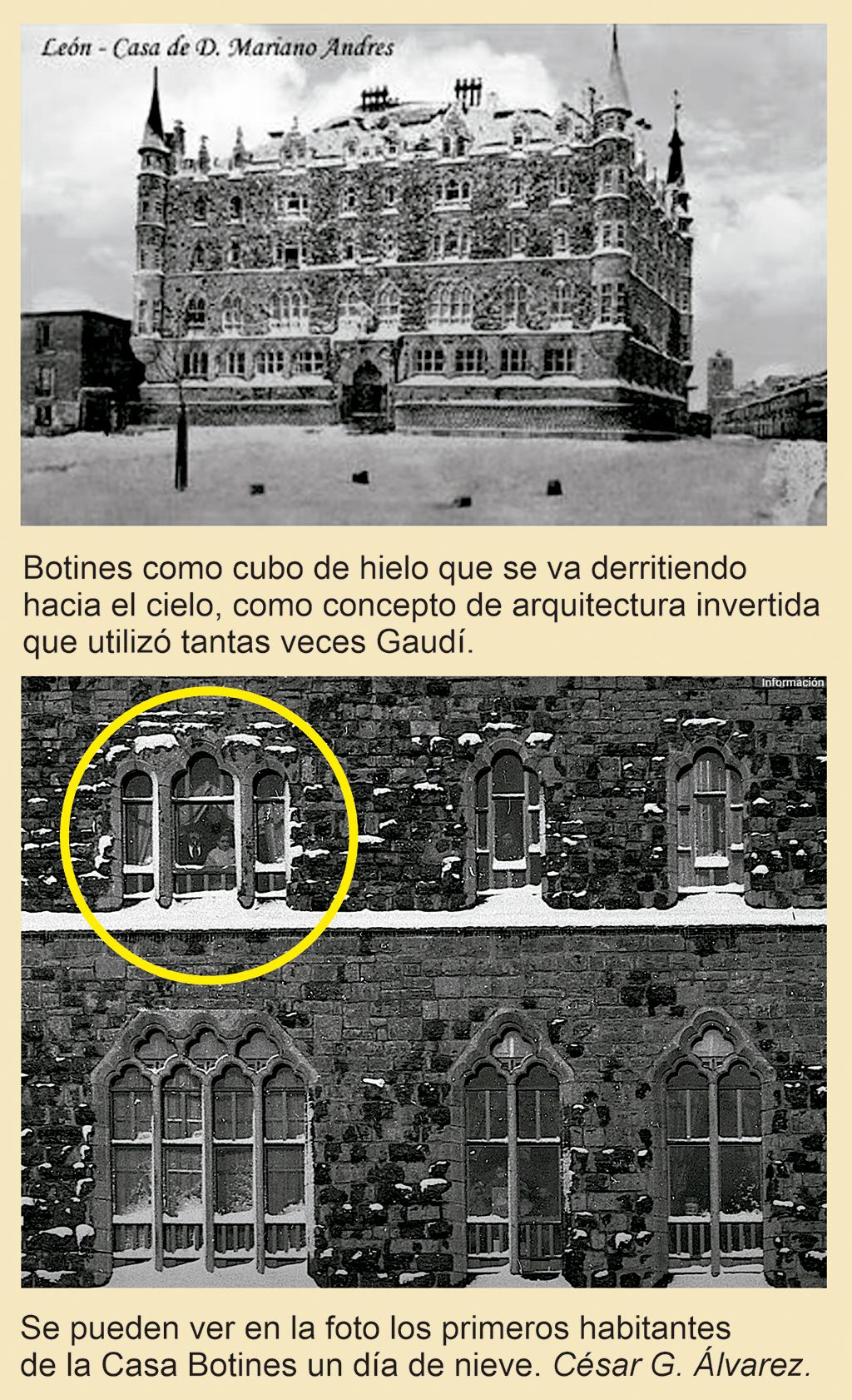 Moradores de la Casa Botines admirando la nieve desde el interior