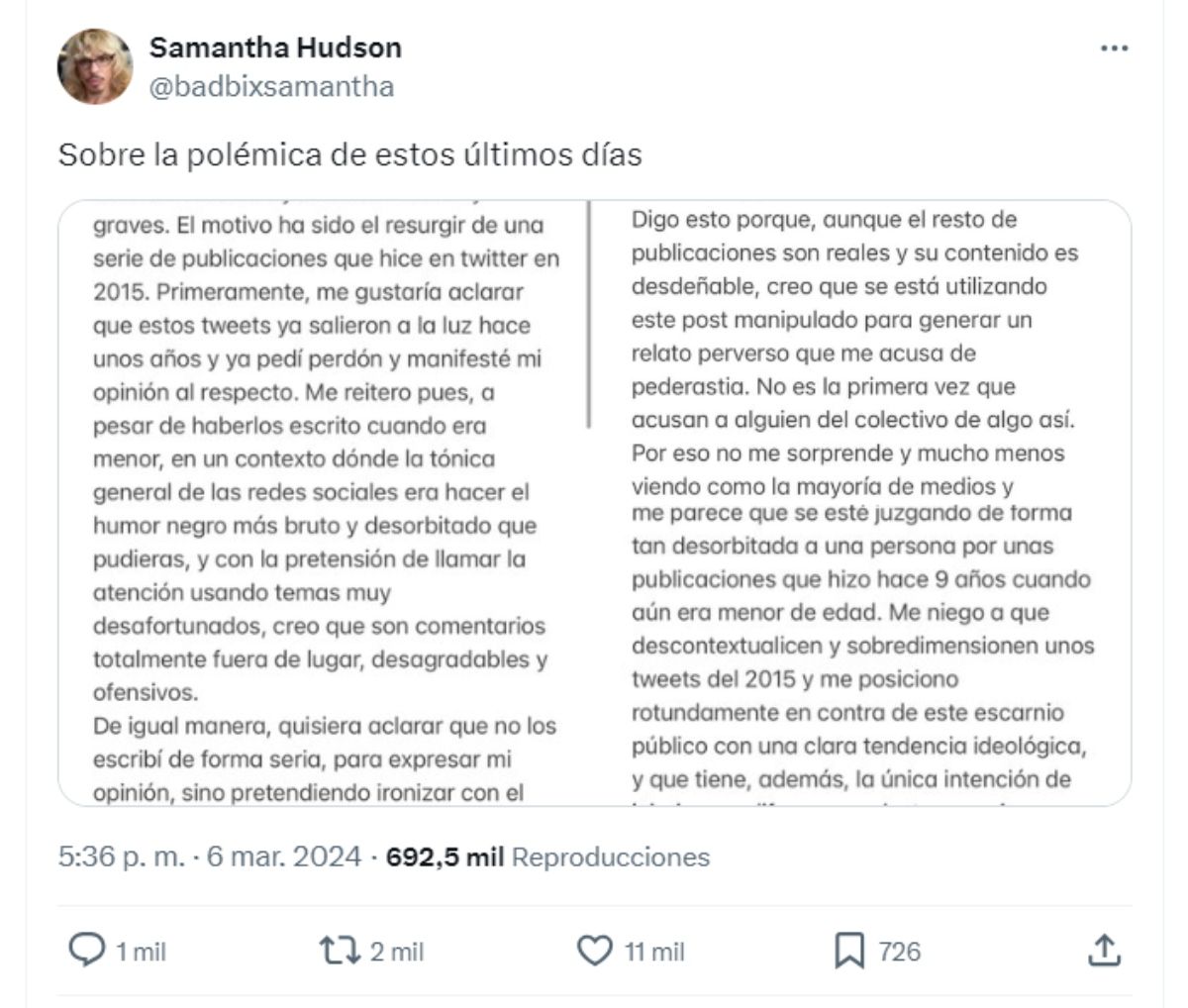 Comunicado oficial Samantha Hudson