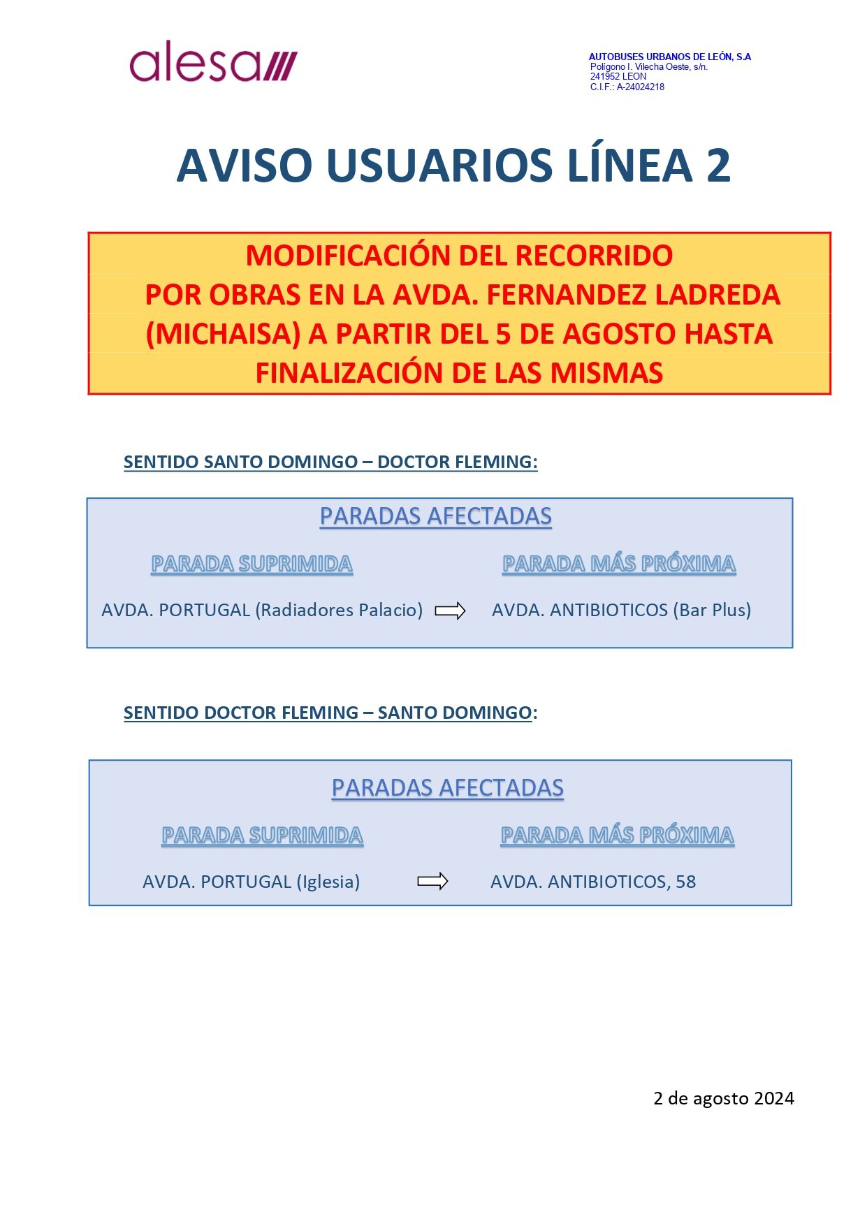 Aviso modificación de la Línea 2 del servicios autobuses de León