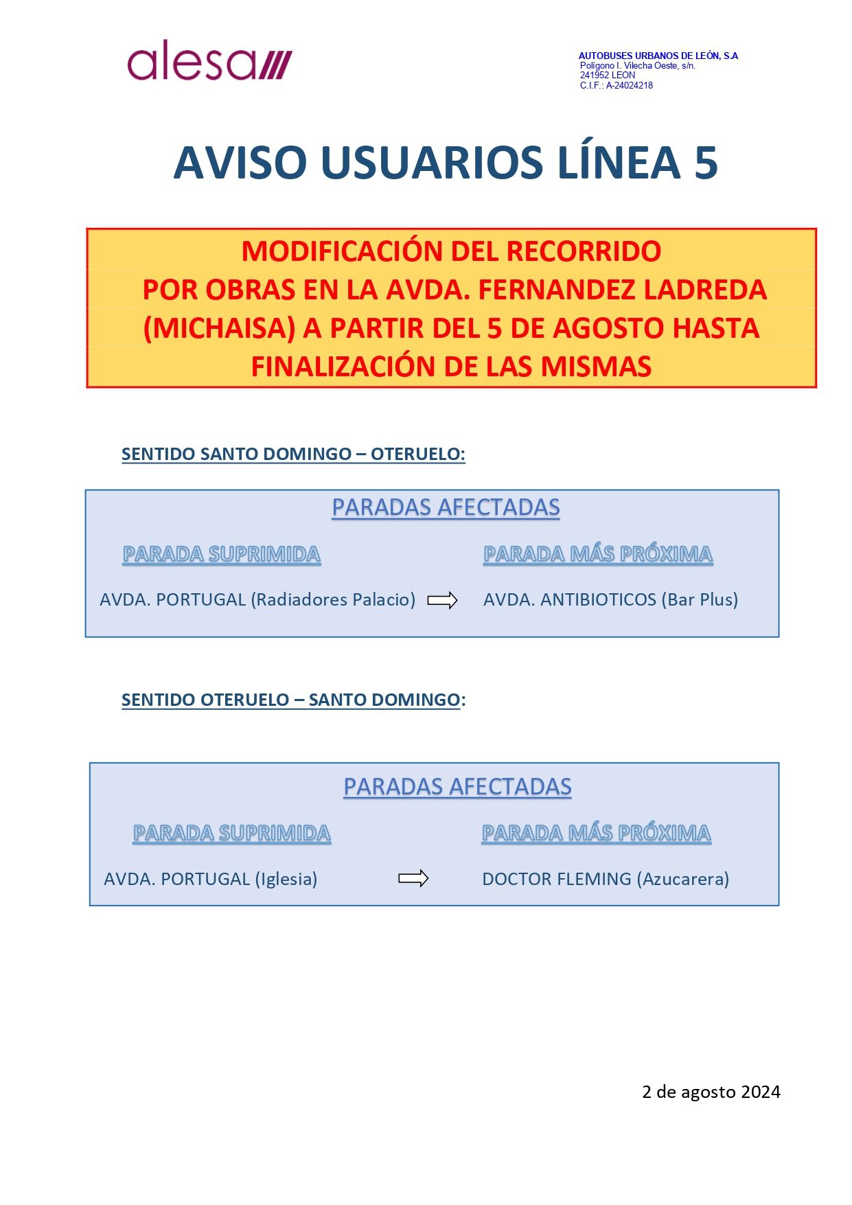 Aviso modificación de la Línea 5 del servicios autobuses de León