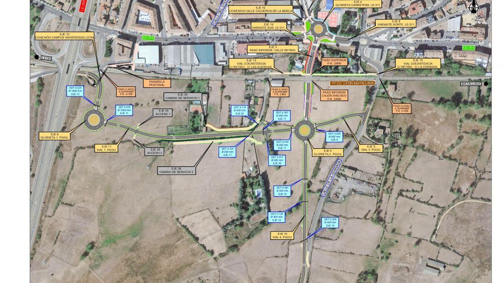 Plano del proyecto de Adif que muestra tres de los tres pasos a nivel que serán eliminados 