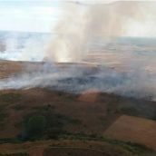 Medios aéreos y terrestres trabajan en la extinción de un incendio en Benamariel (León) 