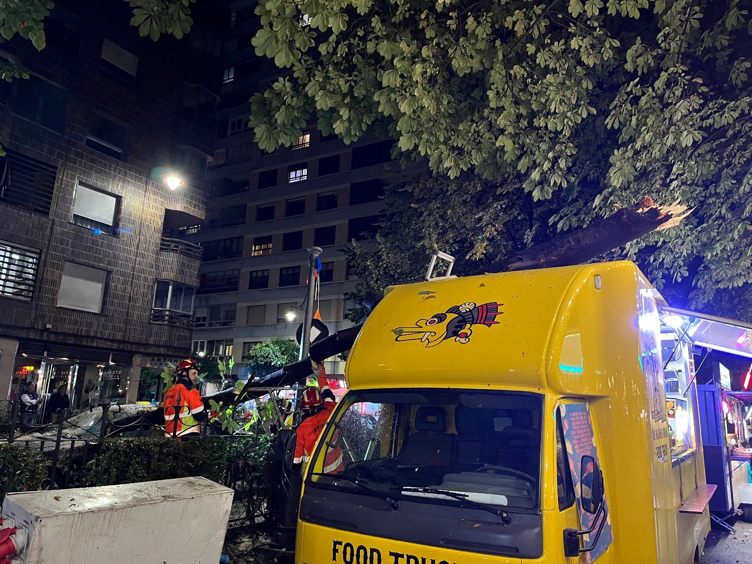 La rama de un árbol del Jardín de San Francisco (León) se precipita y destroza una foodtuck y un coche