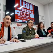 Los sindicatos convocantes, UGT, CCOO, CGT y USO, hacen una valoración conjunta de la manifestación por el futuro económico y social de León, celebrada el 16F | Campillo / ICAL