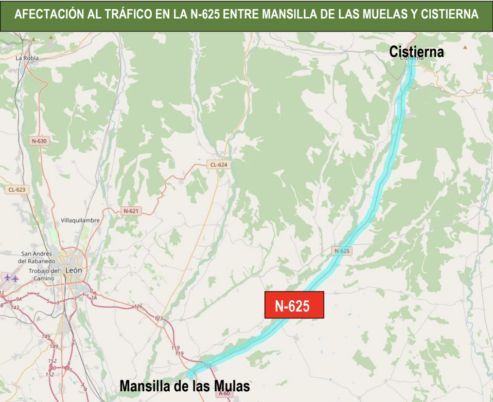 Afectación al tráfico en la N-625 entre Mansilla de las Mulas y Cistierna en León