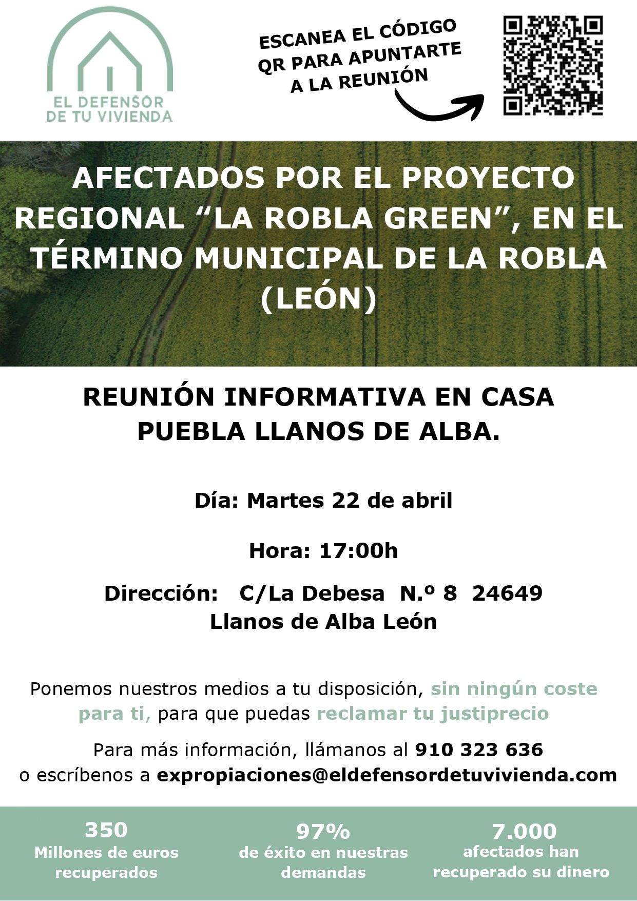 Cartel de la reunión organizada por El Defensor de tu Vivienda en La Roble