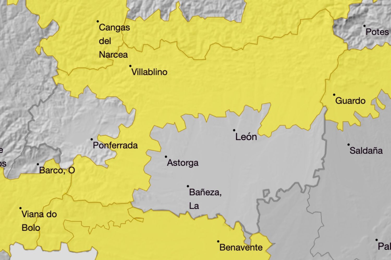 Zonas de la provincia de León en las que se ha activado el aviso amarillo por nieve