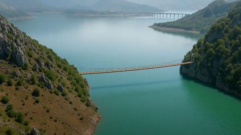 Infografía del puente colgante sobre el embalse de Riaño 