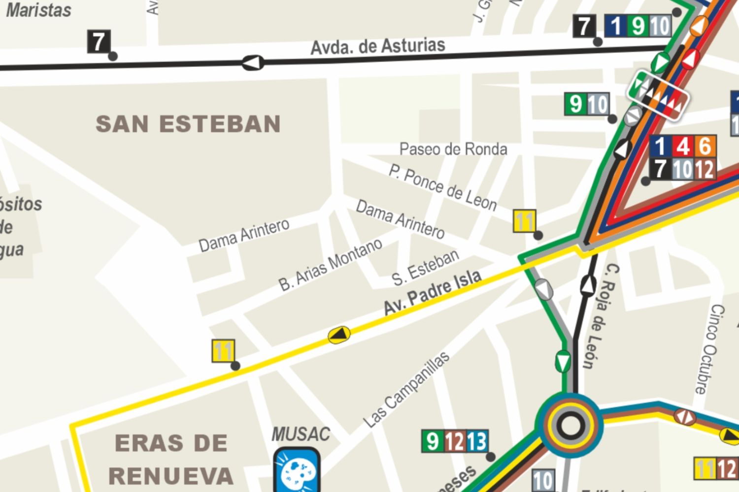 Recorrido actual de la línea 11 a su paso por el barrio de San Esteban
