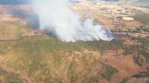 Cerca de una treintena de medios terrestres y aéreos trabajan en un incendio forestal en Riello (León) | BRIF de Tabuyo