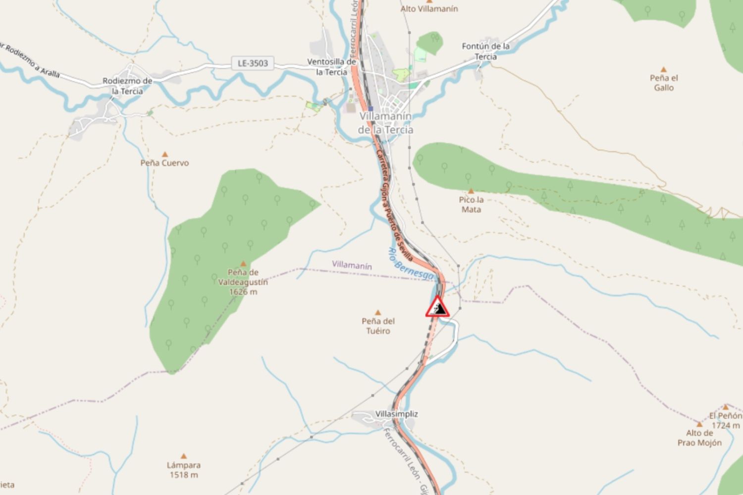 Un desprendimiento en la N-630 obliga a extremar precauciones entre Villasimpliz y Villamanín (León)