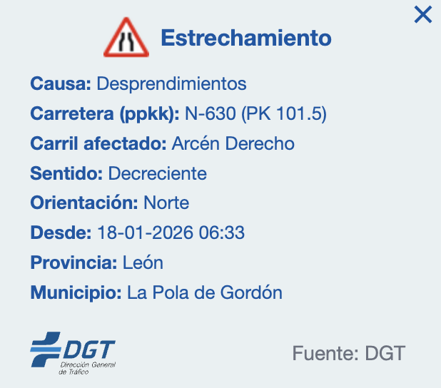 Alerta de la DGT en su mapa de incidencias