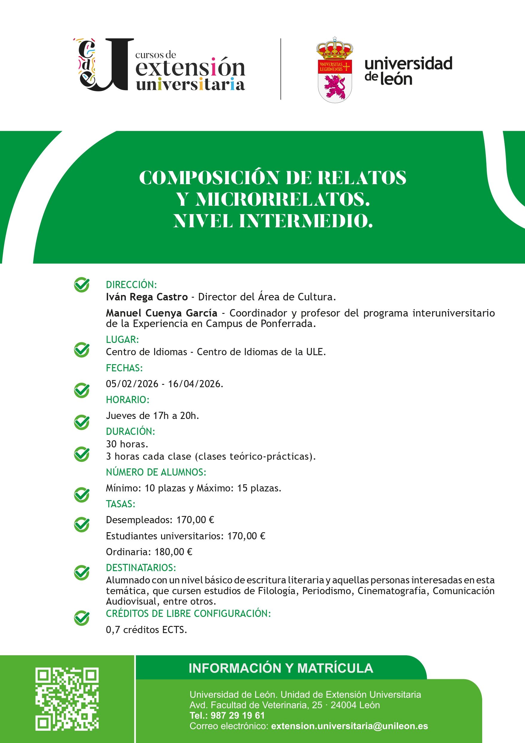 Cartel del curso escritura de al Universidad de León