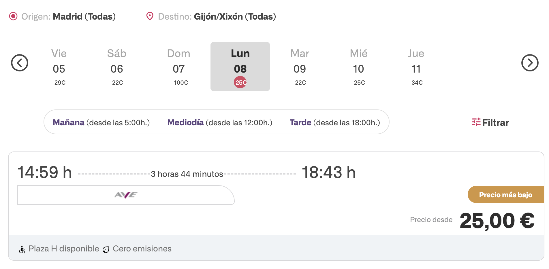 Pagina de venta de billetes de Renfe donde se pueden adquirir los pasajes del AVE 4151 entre Madrid y Gijón