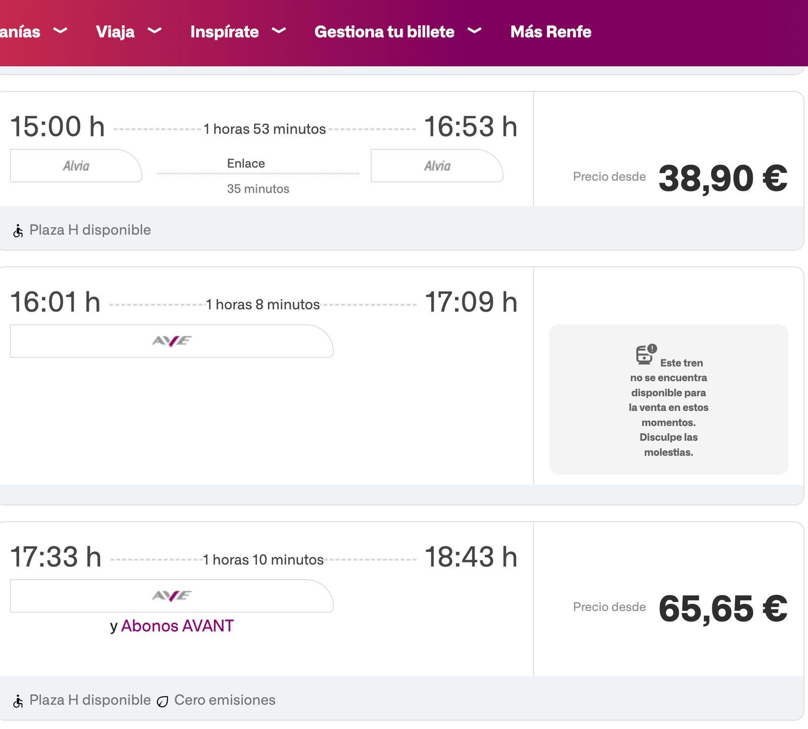 Captura de pantalla facilitada por IU en la que no se encuentra disponible el AVE 4151