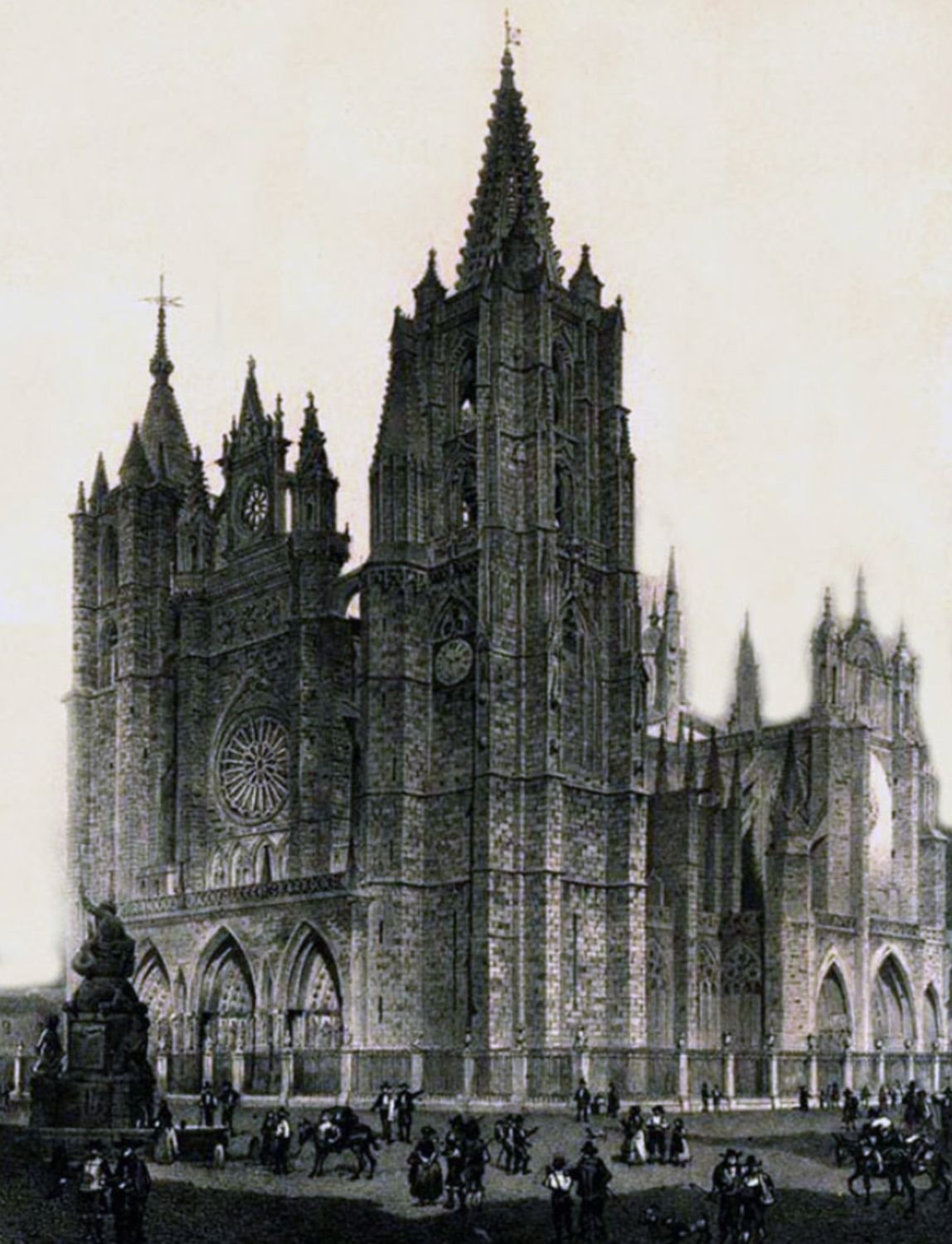Catedral de León en el año 1856, a sus pies la fuente de Neptuno, hoy en el jardín del San Francisco | León Antiguo - José Luis Santos Flórez