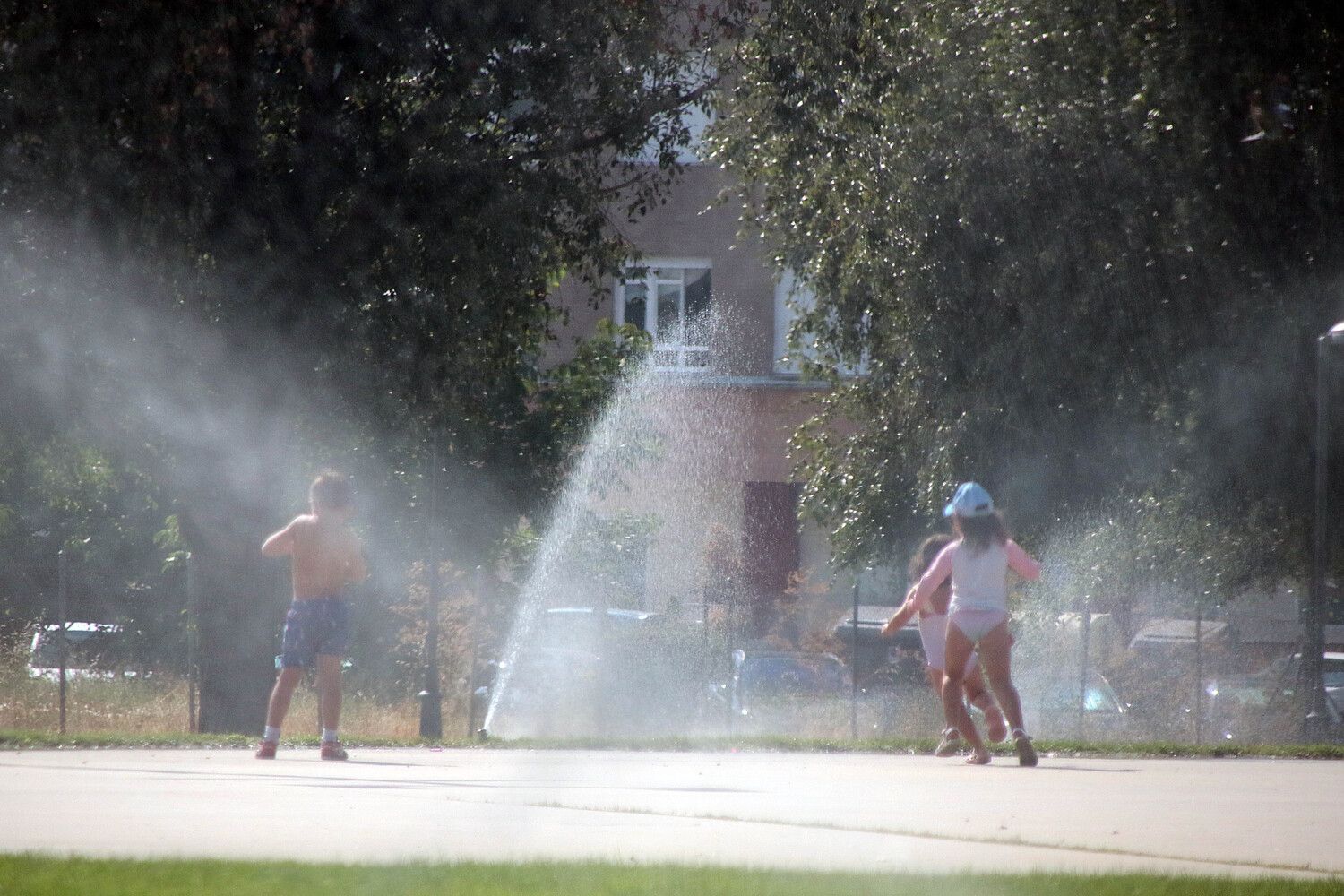 Un grupo de niños se refresca en los aspersores de un parque en León | Peio García / ICAL Un grupo de niños se refresca en los aspersores de un parque en León | Peio García / ICAL