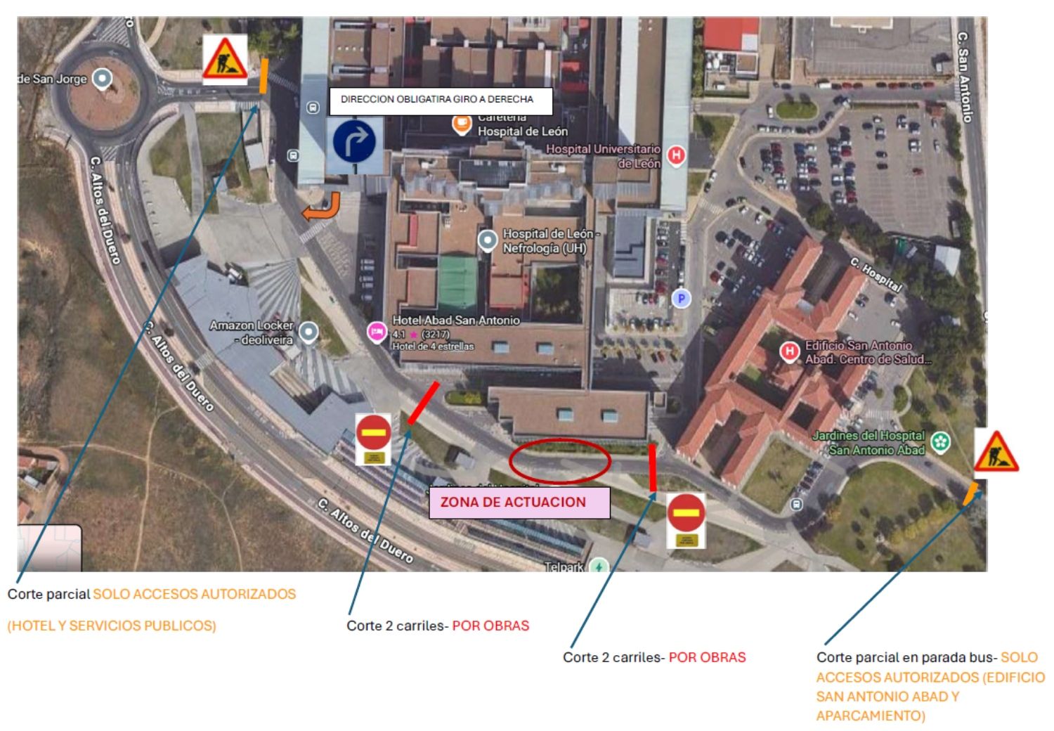 Mapa de los cortes de Tráfico en el Hospital de León 